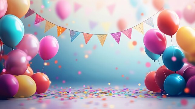 Colorful Balloons and Confetti with Bunting Flags