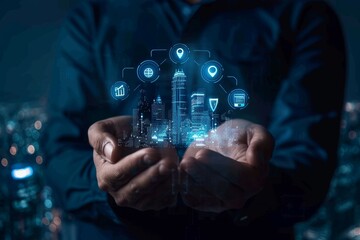 An individual holds a glowing, miniature city model with digital overlays in their hands against a nighttime urban backdrop, emphasizing innovation and technology integration.