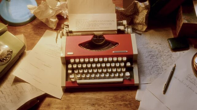 Top down close-up view of desk with vintage landline telephone, typewriter, manuscripts, crumpled papers and ashtray full of cigarette butts under soft warm light