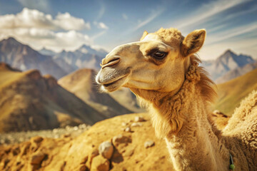 A Camel Standing in a Mountainous Desert Landscape