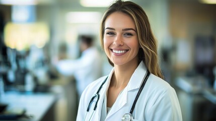 Fototapeta premium Smiling Doctor in White Coat with Stethoscope, Close Up Portrait, Blurred Background, Healthcare, Hospital, Medical, doctor