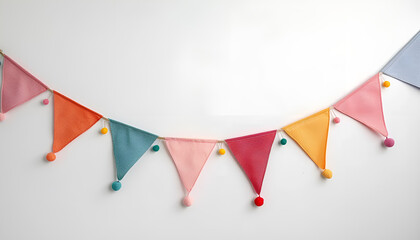 Bunting with colorful triangular flags on white background. Festive decor