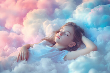 Young girl sleeping on clouds, comfortable cottony bed rest relaxing dreaming heaven sky, bedtime sleep