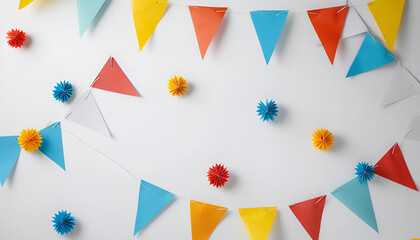 Obraz premium Bunting with colorful triangular flags on white background. Festive decor