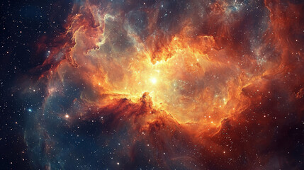 Fototapeta premium A stunning luminescent core within swirling nebula evokes sense of wonder and mystery in vastness of space. vibrant colors and intricate patterns create captivating cosmic scene