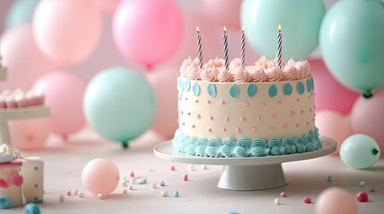 Birthday Cake with Pink and Blue Decorations and Candles