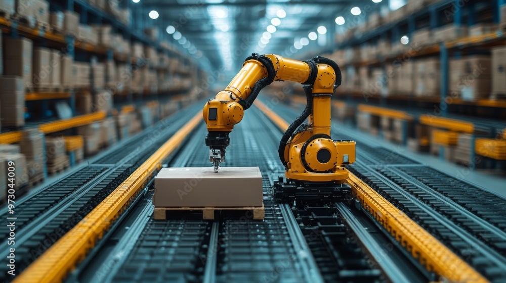 Poster robotic arm sorting packages efficiently in a modern warehouse environment