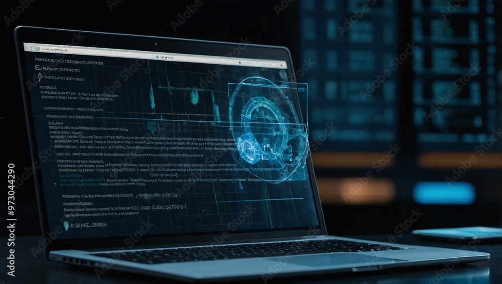 Poster a document approval interface shown as a hologram above a laptop, symbolizing the process of certify