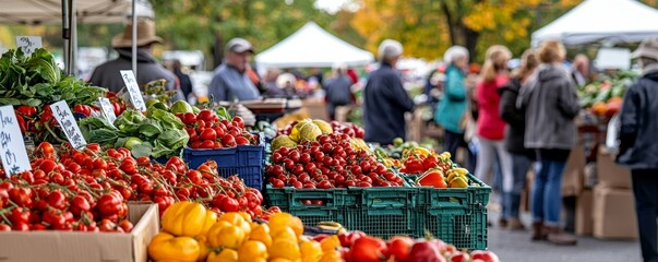 Vibrant Produce at a Bustling Farmers Market, Tomatoes, Peppers, Crates, People, Farmers Market, Produce