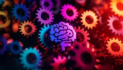 Brightly colored gears interlocking to form a human brain, creative machinery, business and innovation