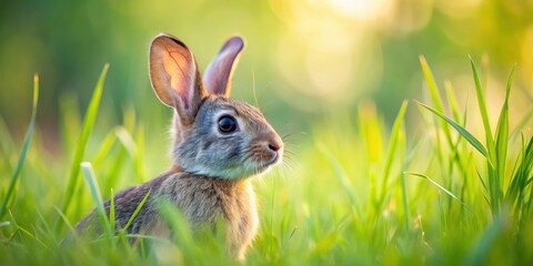 Fototapeta premium Cute bunny in tall grass with perked up ears, looking off to the side