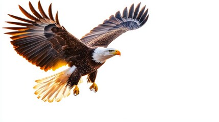 Obraz premium Capture a majestic eagle in flight from a low-angle view, set against a vibrant sunset sky, emphasizing freedom and power