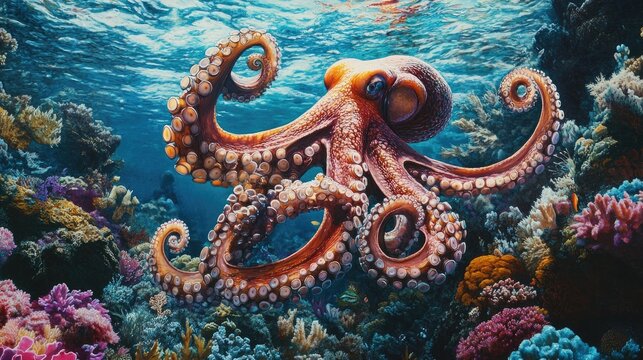 The fluid movement of an octopus as it glides through the calm ocean, its tentacles swirling like delicate ribbons above a vibrant coral reef