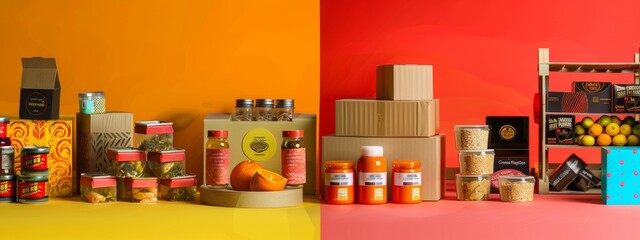 Assorted food packaging and products with vibrant orange and red background