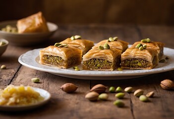 Traditional Turkish Dessert Pistachio Baklava or Fistikli Baklava with garnish