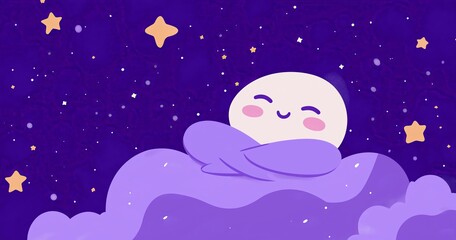 Fototapeta premium Cartoon moon wrapped in blanket, night sky with stars