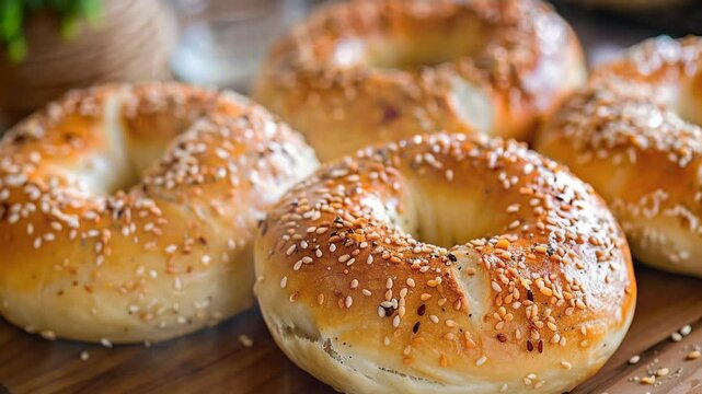 Montreal-style bagels on the table moves with smoke around
