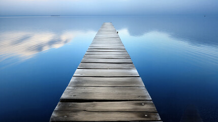 Obraz premium The wooden pier stretches out over still waters, creating a peaceful reflection of the soft blue sky and gentle clouds in the early morning light - Generative AI