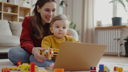 mother is showing baby the tablet for learning in playroom 