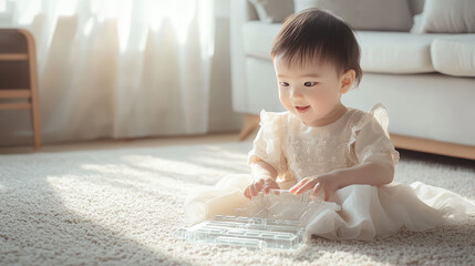 Fototapeta premium asian child baby girl is sitting on the puffy rug in the kid playroom learning to play music instrument 