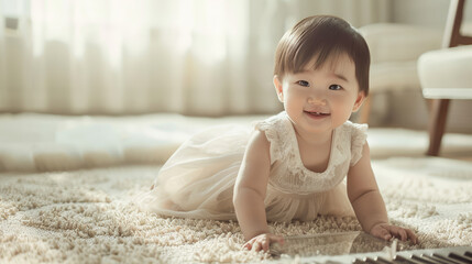 Fototapeta premium asian child baby girl is sitting on the puffy rug in the kid playroom learning to play music instrument 