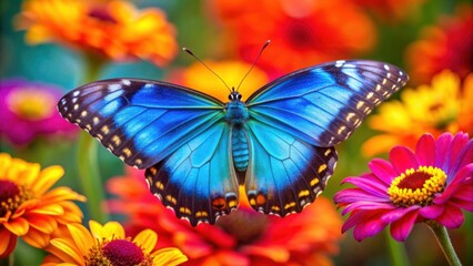 Fototapeta premium Vibrant blue butterfly on a colorful flower