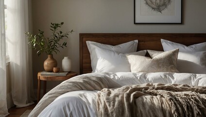 A sunlit bedroom with a crisp white duvet and pillows, exuding a peaceful and inviting ambiance through the use of soft natural light.