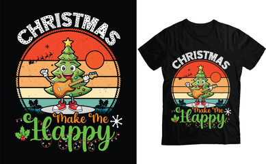 Festive Christmas Tree Playing Guitar T-Shirt Design for Holiday Lovers with Retro Sunset Theme