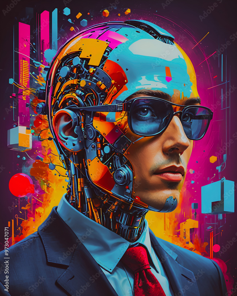 Poster portrait of a man cyborg with colorful abstract background. 3d rendering.