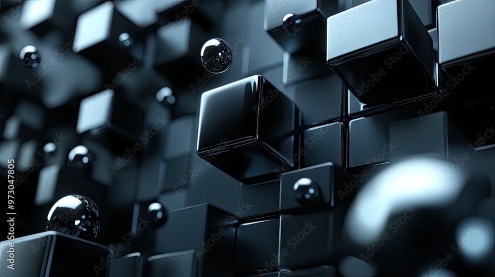 Poster a 3d abstract background with cubes and spheres floating in space, casting soft shadows.