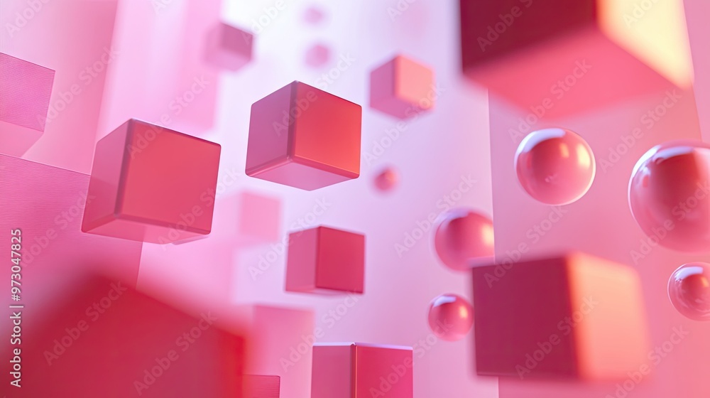 Poster a 3d abstract background with cubes and spheres floating in space, casting soft shadows.