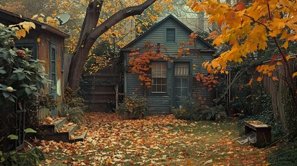 A small cabin in a backyard, surrounded by colorful autumn leaves.