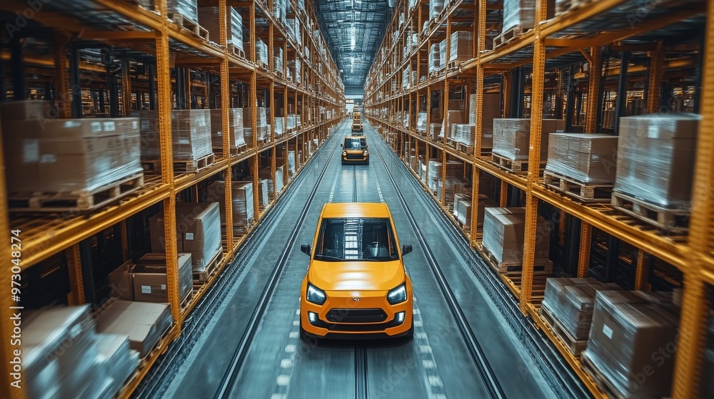 Poster autonomous mobile robots navigating through a warehouse filled with stacked pallets of goods