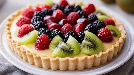 A beautifully arranged fruit tart topped with an assortment of berries and kiwi slices, set on a white plate.