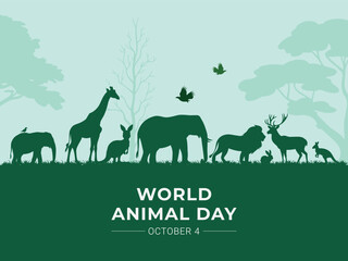 World Animal Day background, wildlife silhouette with giraffe, elephant, lion, deer, kangaroo, etc. suitable for greeting card, banner, poster, template