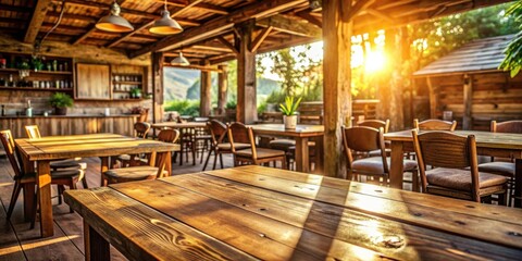 Fototapeta premium Empty rustic bar restaurant cafe wooden table in a sunny weather setting with a cozy cottage core atmosphere