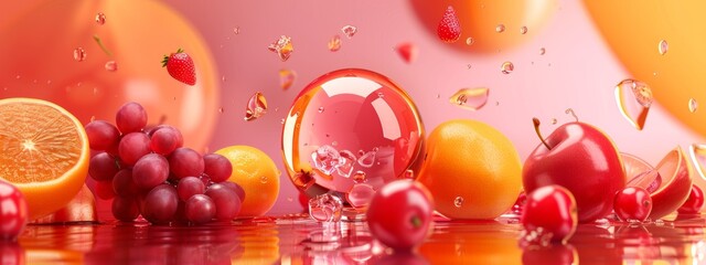 Vibrant fruits and splashes of juice with floating elements