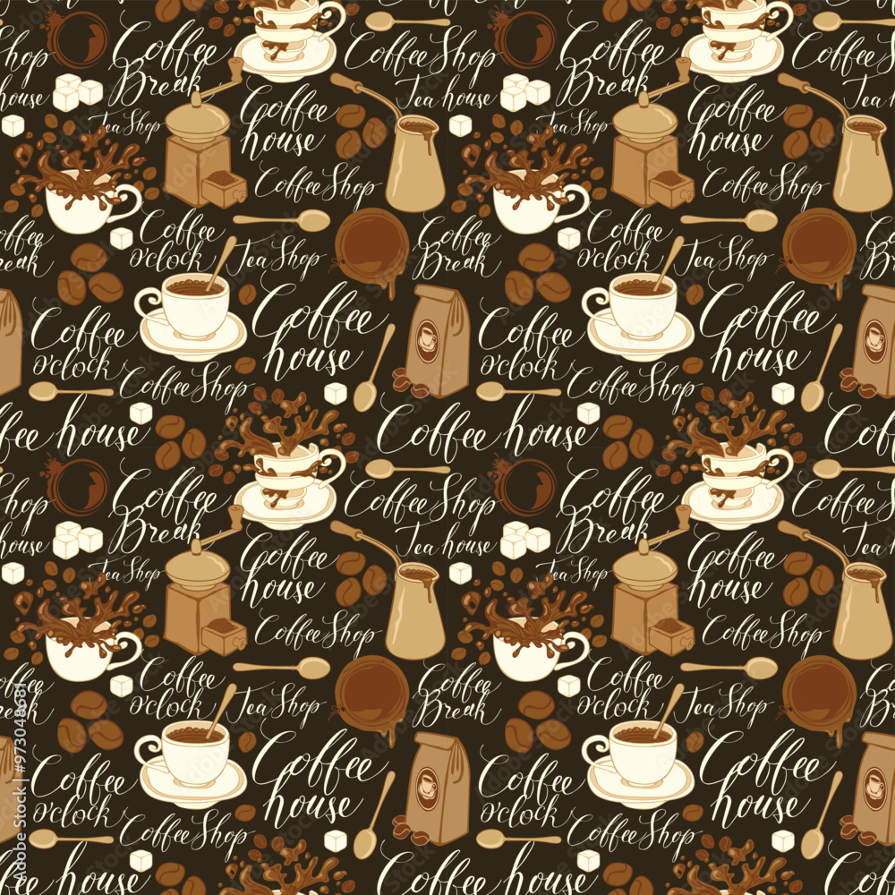 Poster vector seamless pattern on tea and coffee theme in retro style. repeatable background with coffee it