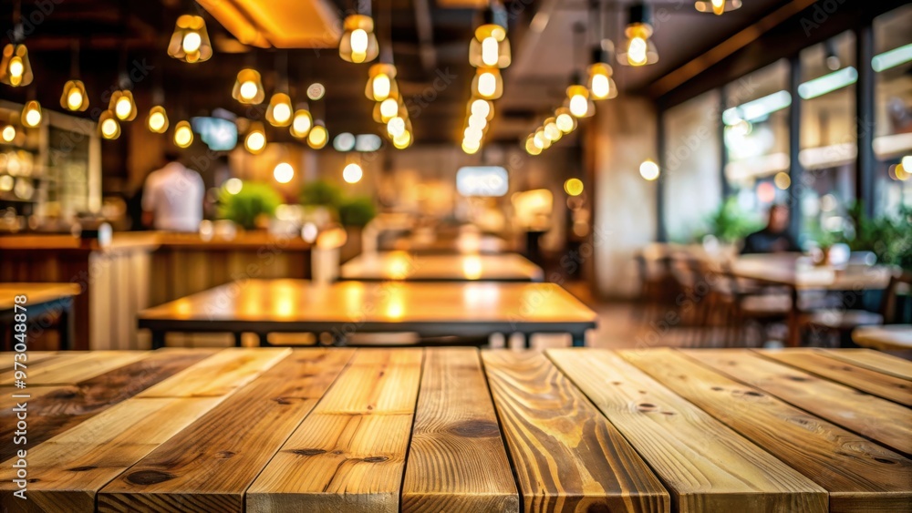 Poster empty wooden table bar with blurred restaurant background for product display or montage