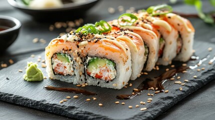 A beautifully presented sushi roll garnished with avocado, sesame seeds, and spicy mayo, served on a slate plate.