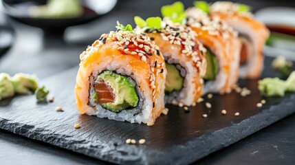 A beautifully presented sushi roll garnished with avocado, sesame seeds, and spicy mayo, served on a slate plate.