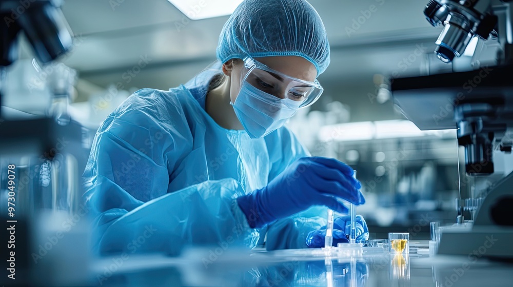 Aufkleber a scientist in a lab coat and gloves works with test tubes and a microscope