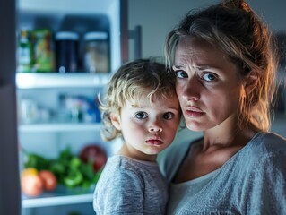 A worried mother looking at an empty refrigerator, her child standing beside her, representing the anxiety caused by food insecurity