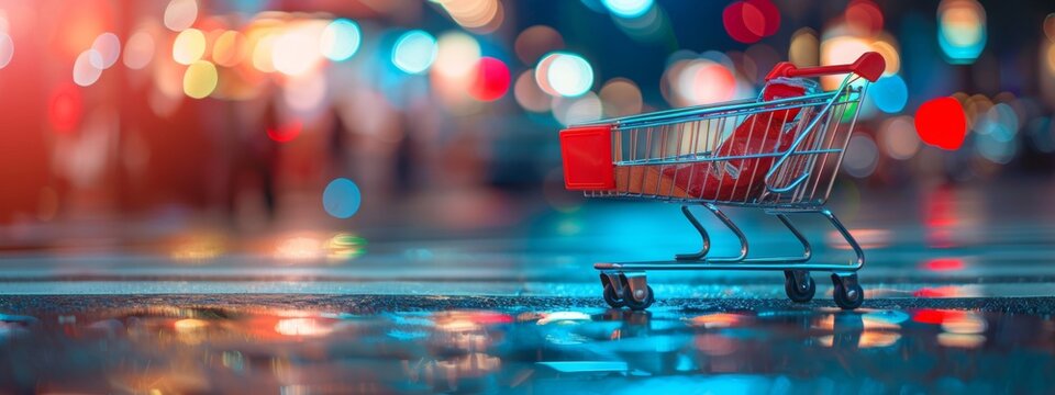 Shopping cart in city at night with bokeh lights