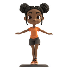 Fototapeta premium A cheerful cartoon girl balancing on one foot, showcasing fitness and fun in a vibrant orange outfit.