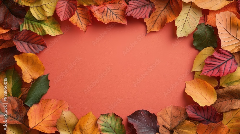 Poster vibrant fall leaves creating a natural frame around a solid color background, perfect for autumn con