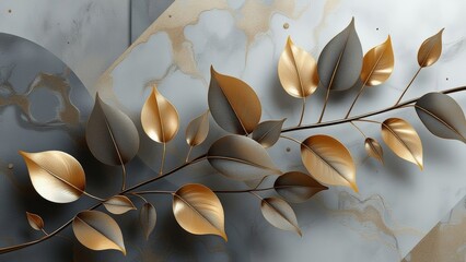 Liquid 3D wallpaper in gray and gold tones with leaves.