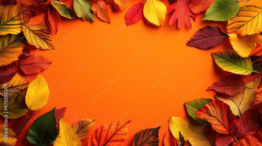 Poster vibrant fall leaves creating a natural frame around a solid color background, perfect for autumn con