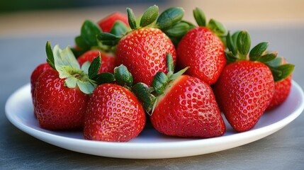 A bunch of freshly picked strawberries with their green leaves still attached, arranged on a white plate.