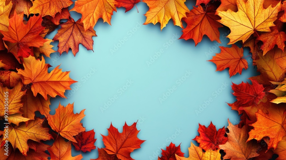 Poster vibrant fall leaves creating a natural frame around a solid color background, perfect for autumn con